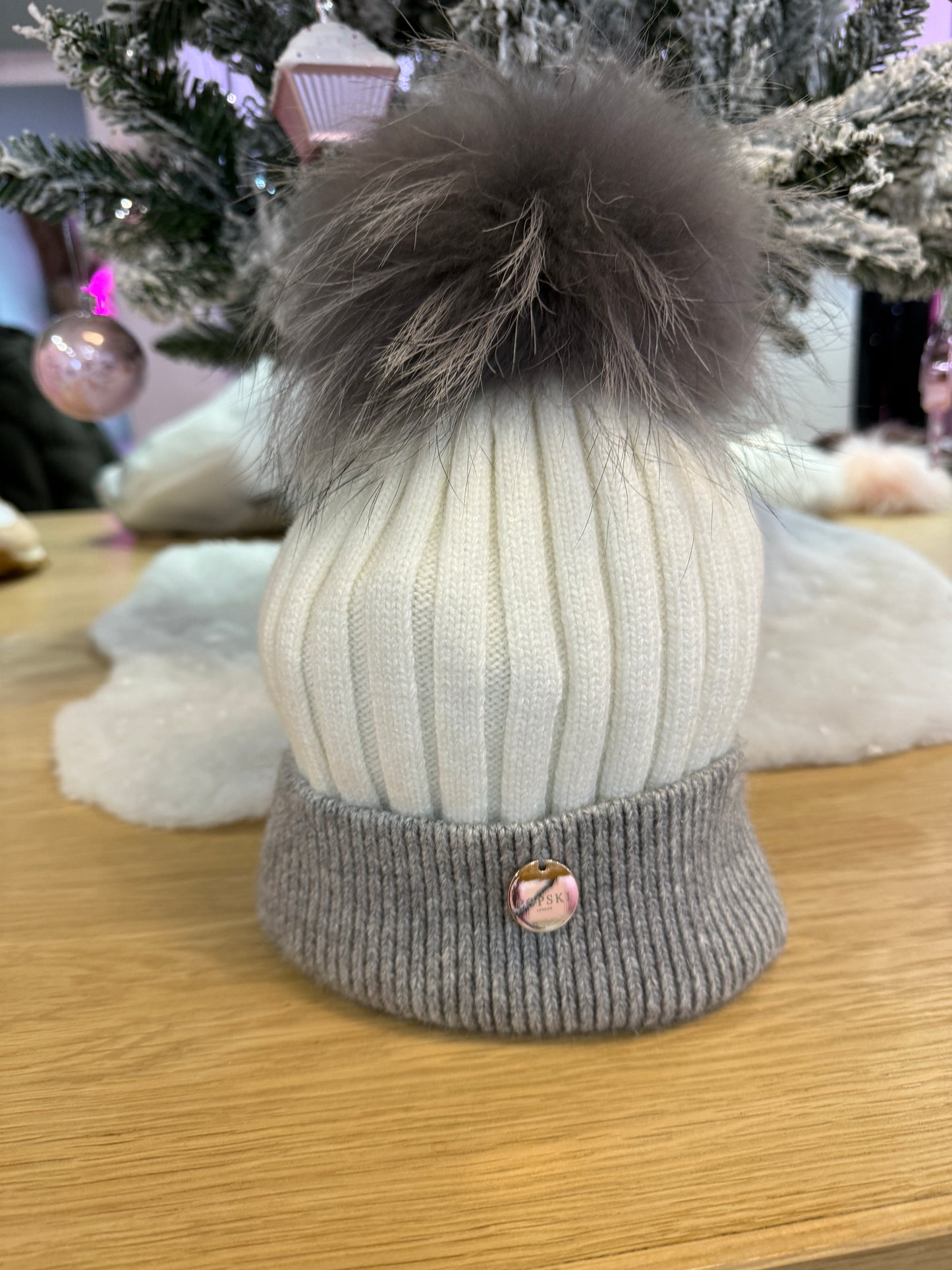 Popski Pom Pom Hat - Cream & Whisper Grey
