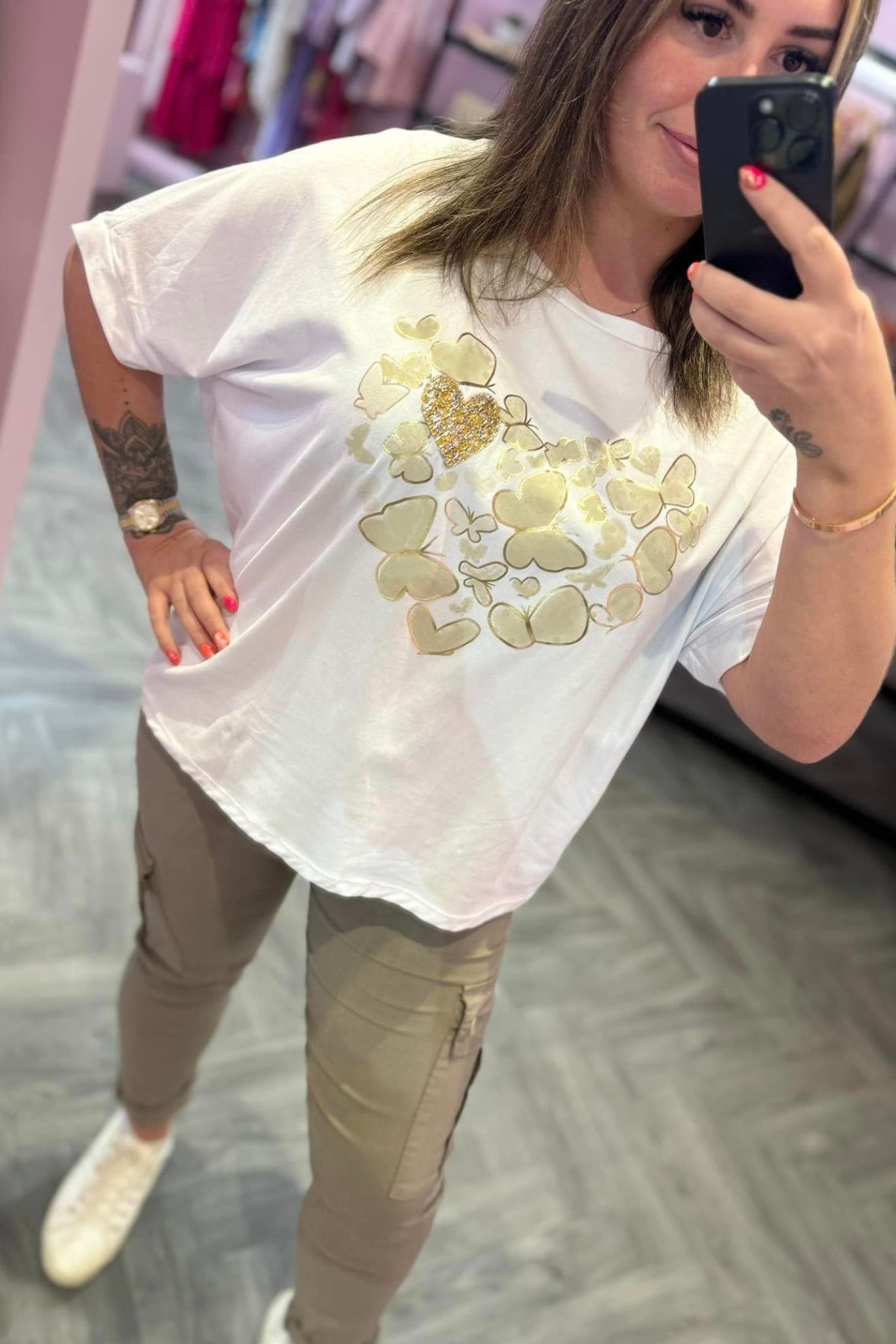 White Gold Heart Pattern T-Shirt