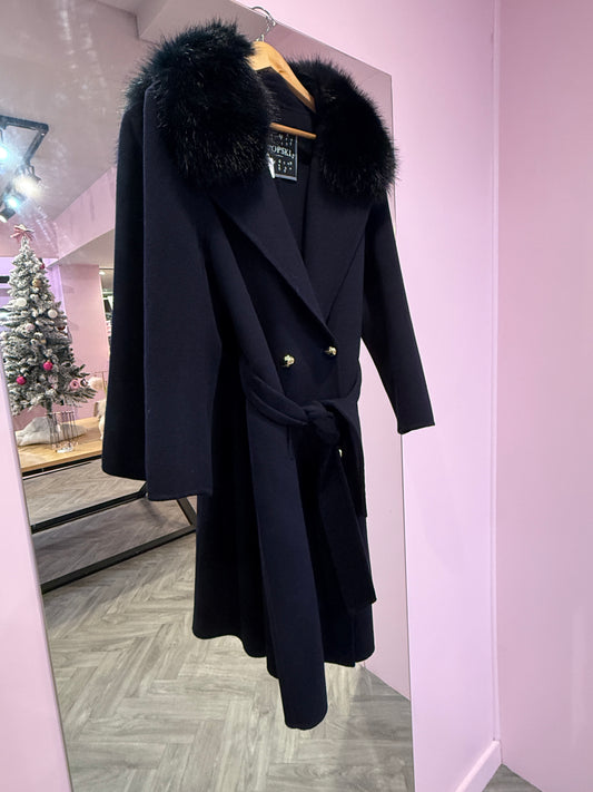 Popski Faux Fur Collar Cashmere Jacket - Navy
