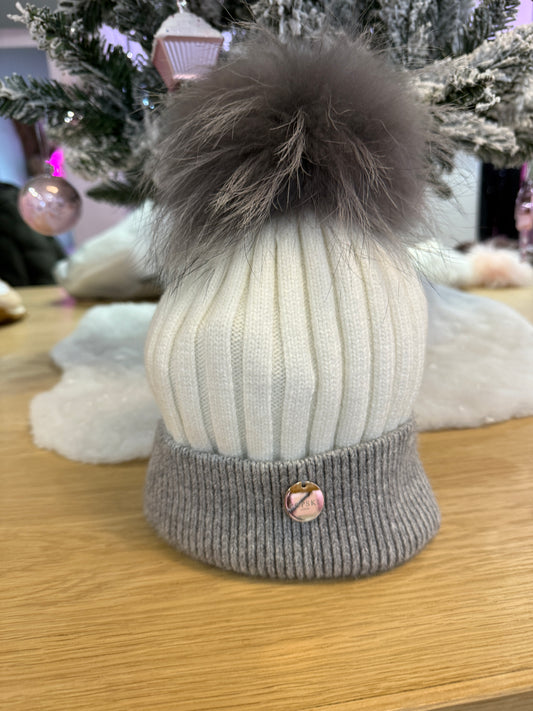Popski Pom Pom Hat - Cream & Whisper Grey